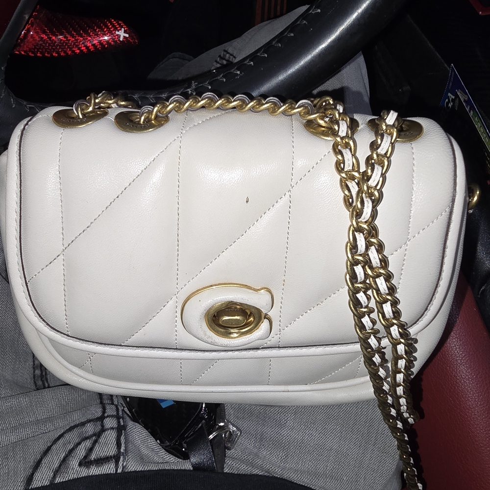 Coach White Quilted Shoulder Bag with Gold Chain
